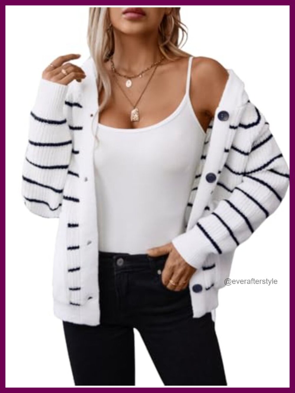 Women's Striped Hooded Cardigan Chunky Ribbed Knit Button Up Sweater Pockets